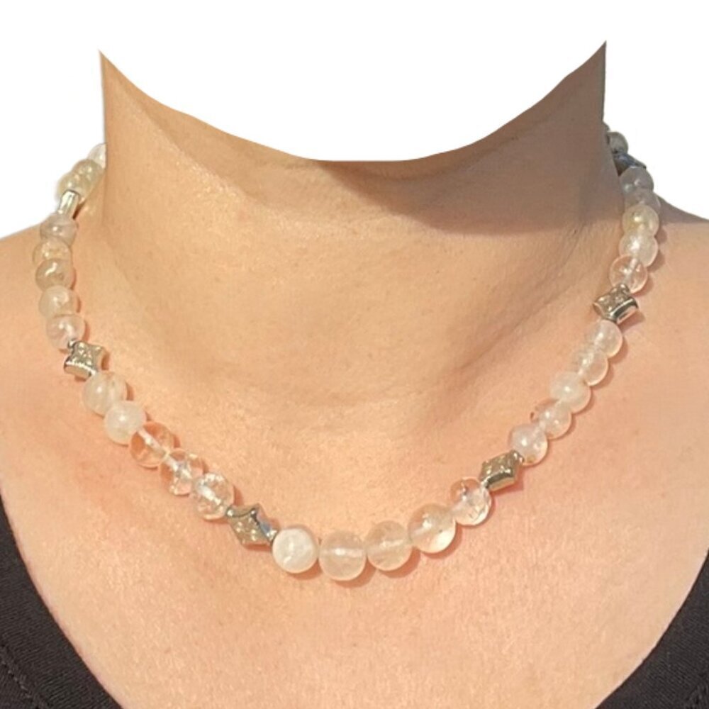 Ten Thousand Villages Quartz Spheres Round Beads Necklace Clear White Silver 17'